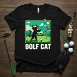 Black cat wearing a yellow visor swings a golf club on a green course with the text GOLF CAT below