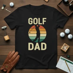 Black t-shirt with "GOLF DAD" text and a silhouette of a golfer against a retro sunset graphic
