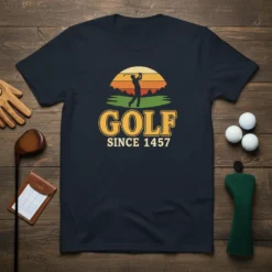 Golf Since 1457 vintage t-shirt design featuring a golfer swinging at sunset and retro typography