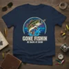 Gone Fishin Be Back At Dusk t-shirt featuring a jumping bass fish graphic and sunset-style background