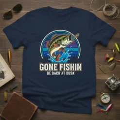 Gone Fishin Be Back At Dusk t-shirt featuring a jumping bass fish graphic and sunset-style background