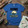 Gone Fishin' t-shirt with silhouette of a fisherman in a boat at sunset, fishing text in camouflage
