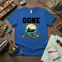 Gone Fishin' t-shirt with silhouette of a fisherman in a boat at sunset, fishing text in camouflage