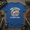 Gone Fishing Be Back At Dusk t-shirt with vintage sunset, fish, and fishing rod graphic