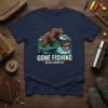 Gone Fishing Bear Country t-shirt design featuring a bear with a fishing net and caught fish, mountains, and trees
