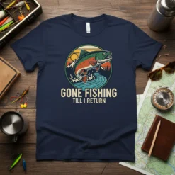 Gone Fishing Till I Return t-shirt design featuring a jumping trout, mountains, and sunset in a circle graphic