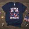 Gonna Get Lit Tonight text design with fireworks graphic on a navy t-shirt, perfect for 4th of July celebrations