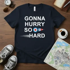 Gonna Hurry So Hard text with a rocket and target graphic on a navy blue t-shirt