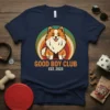 Good Boy Club Est. 2023 t-shirt featuring a cute cartoon dog and retro sunset graphic