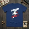 T-shirt design featuring the text "GOOD EVIL?" with scales balancing a lightbulb and a flaming skull