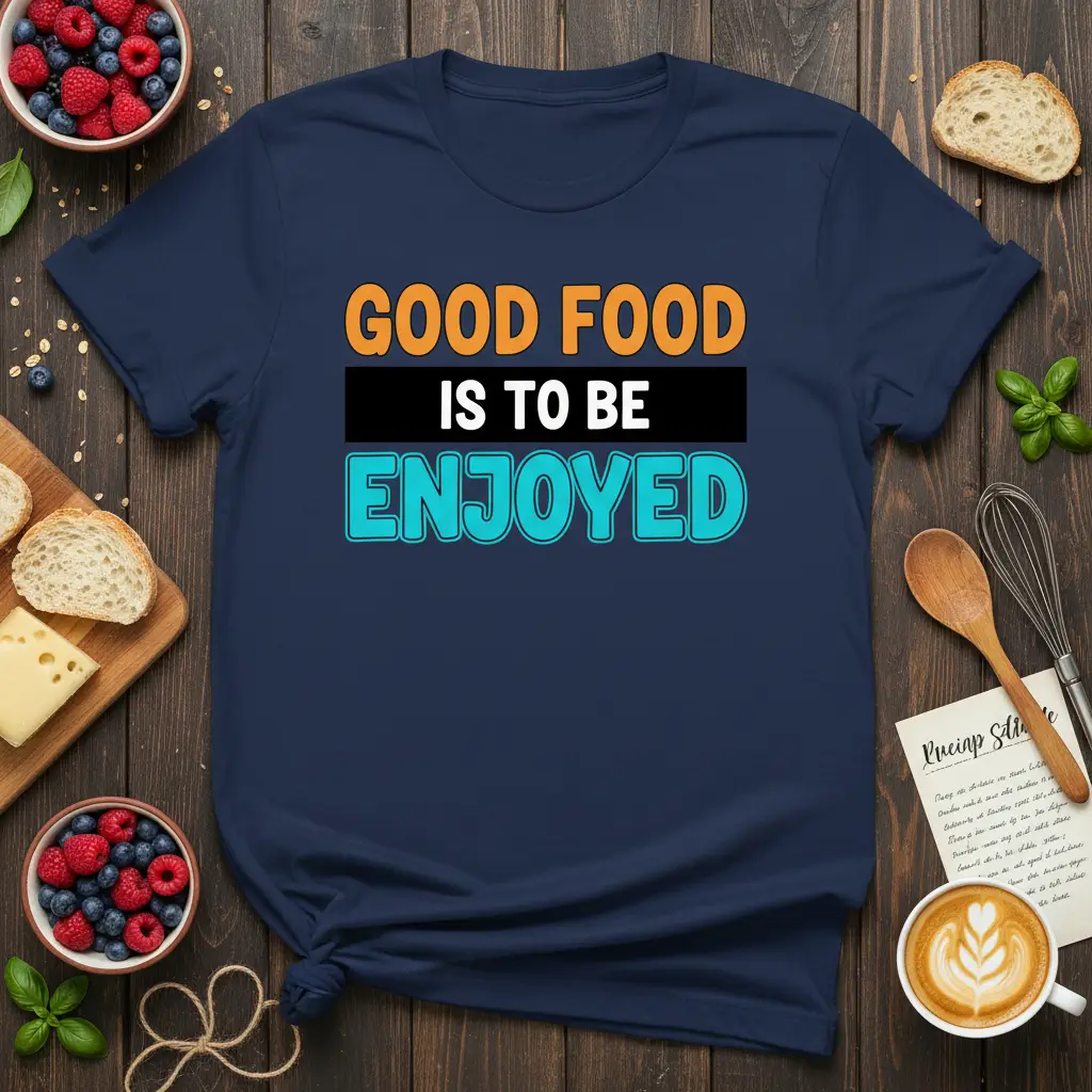 GOOD FOOD IS TO BE ENJOYED quote printed in vibrant orange, white, and turquoise lettering on a dark navy t-shirt graphic