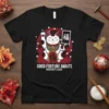 Black t-shirt with a white Maneki Neko cat holding a sign, text reads Good Fortune Awaits Prosperity & Luck