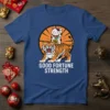 Good Fortune Strength text design with a tiger and a lucky cat on a blue t-shirt