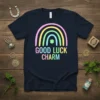Good Luck Charm t-shirt with pastel rainbow, clover, and playful typography