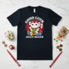 Good Luck Jelly Beans T-Shirt featuring a Maneki Neko cat holding coins and surrounded by colorful jelly beans and gems