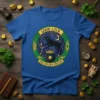 Good Luck and Golden Dreams text on a t-shirt with a black cat, pot of gold, and Celtic knot design