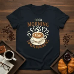 Good Morning Coffee T-Shirt featuring a steaming cup of coffee surrounded by beans and the words "Good Morning"