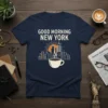 Good Morning New York t-shirt with skyline and coffee cup graphic, navy blue tee