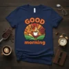 Good Morning Rooster Coffee T-Shirt design with a muscular rooster holding a coffee cup