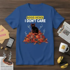 Good News I Don't Care t-shirt design with a black cat wearing sunglasses sitting on a pile of burning phones