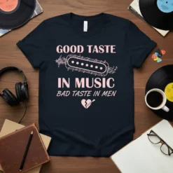 T-shirt with pink text "GOOD TASTE IN MUSIC BAD TASTE IN MEN" and a graphic of a guitar pick breaking