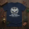 Navy t-shirt with "Good Thoughts, Good Words, Good Deeds Ahura Mazda" text and a central winged symbol