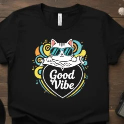 Black t-shirt with "Good Vibe" text inside a heart, featuring a cartoon cat wearing sunglasses and colorful retro swirls