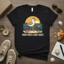T-shirt with "GOOD VIBES & BIKE RIDES" text and a seagull riding a bike at sunset