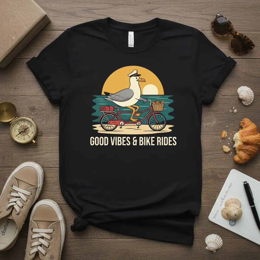 Good Vibes & Bike Rides Seagull T-Shirt Beach Vacation Gift