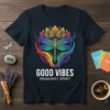 Good Vibes Dragonfly Spirit t-shirt with a colorful dragonfly and lotus graphic, featuring bold white text