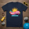 Good Vibes Endless Summer t-shirt featuring a smiling sun and colorful ribbon graphic