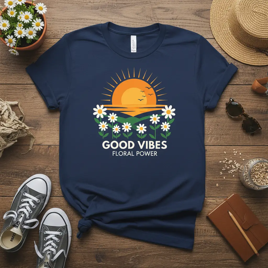 Good Vibes Floral Power text with sunrise and daisy illustration on t-shirt