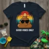 Good Vibes Only retro sunset t-shirt with a sunglasses-wearing poop emoji and palm trees