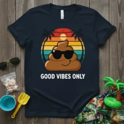 Good Vibes Only retro sunset t-shirt with a sunglasses-wearing poop emoji and palm trees