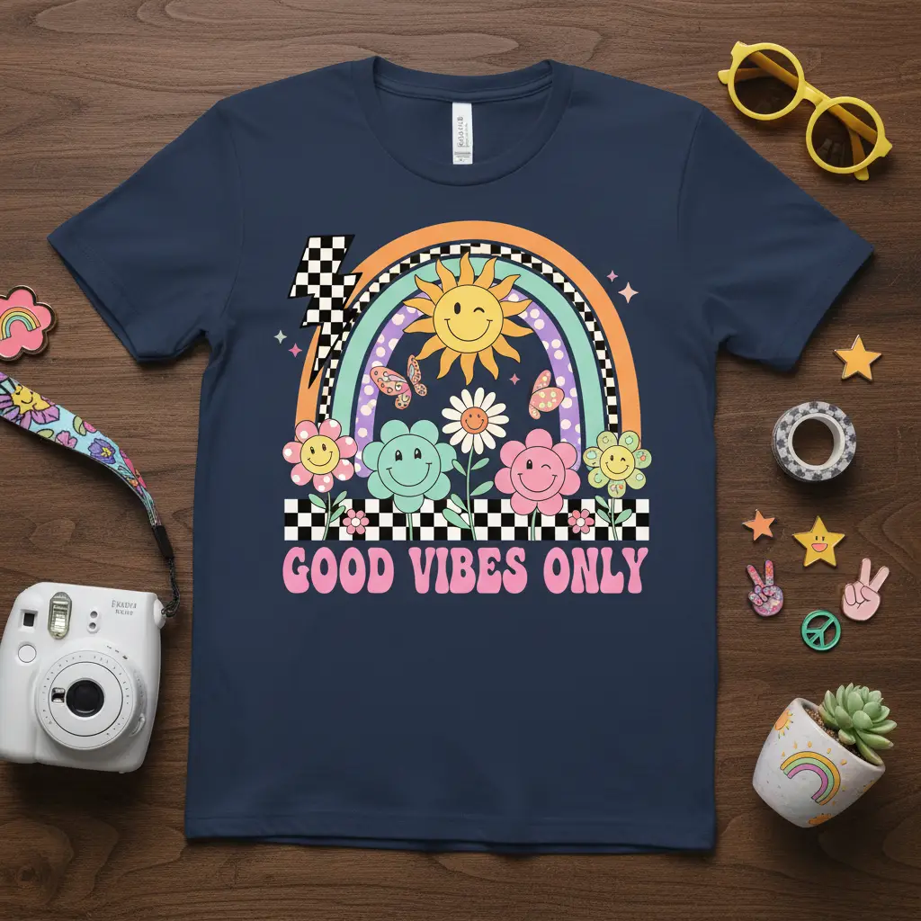 Good Vibes Only Retro Flower T-Shirt Positive Quote Gift