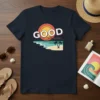 GOOD Vibrations text with a retro beach sunset design featuring palm trees and ocean waves