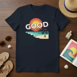 GOOD Vibrations text with a retro beach sunset design featuring palm trees and ocean waves