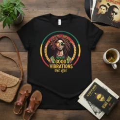 Good Vibrations One Love text with a portrait of a man with dreadlocks wearing heart sunglasses on a black t-shirt