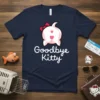 Navy t-shirt with "Goodbye Kitty" text and a stylized cat's rear end graphic with hearts and a bow