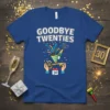 GOODBYE TWENTIES text on a blue t-shirt with a key, champagne, and confetti graphic, celebrating a 30th birthday
