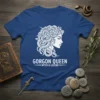 Gorgon Queen Myth & Legend t-shirt featuring a white silhouette of Medusa's head with laurel wreath, bold text
