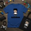 Gosuman 8-bit pixel art character design on a blue t-shirt, perfect for retro gamers