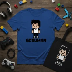 Gosuman 8-bit pixel art character design on a blue t-shirt, perfect for retro gamers