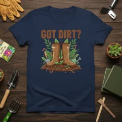 Got Dirt? t-shirt design featuring brown gardening boots, green leaves, worms, a trowel, and a watering can