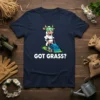 Got Grass? text with a cartoon cow wearing goggles mowing the lawn on a navy blue t-shirt