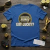 Got Lucky? t-shirt with a slot machine graphic showing three 7s, in bold gold and white text