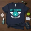 Navy t-shirt with "Got Shots? Immunized" text and a syringe graphic, promoting vaccination pride