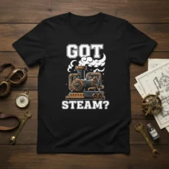 Got Steam? text above a vintage steam engine graphic on a black t-shirt