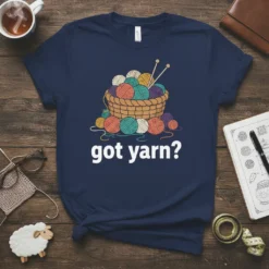 Got Yarn? text with a basket of colorful yarn balls and knitting needles graphic on a navy t-shirt
