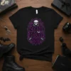 Black t-shirt with "Goth Mom" text in purple gothic font, featuring a skull, roses, and bats graphic